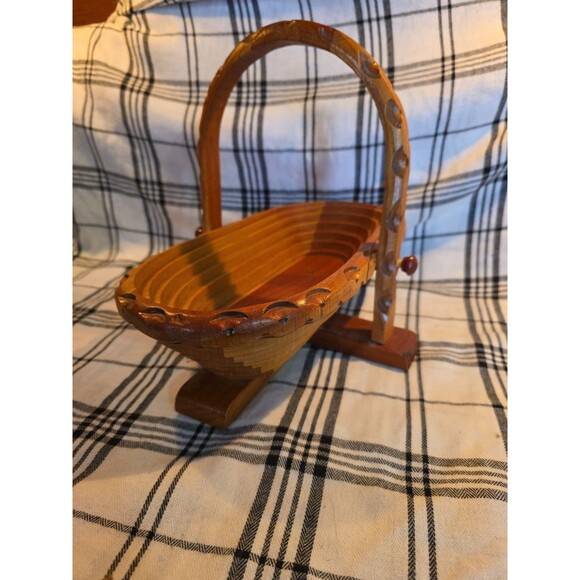 13" Vintage Wood Basket Collapsible Folding Fruit Bread Serving Display Decor - Picture 4 of 11